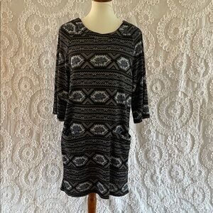 Papillion Patterned Blues & Black Women's Dress 3/4 sleeves Pockets Soft